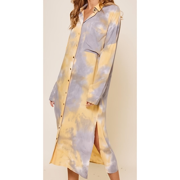 🎁Time and True Yellow/Gray Tie Dye Mix Button Long Sleeve Shirt - Picture 3 of 4